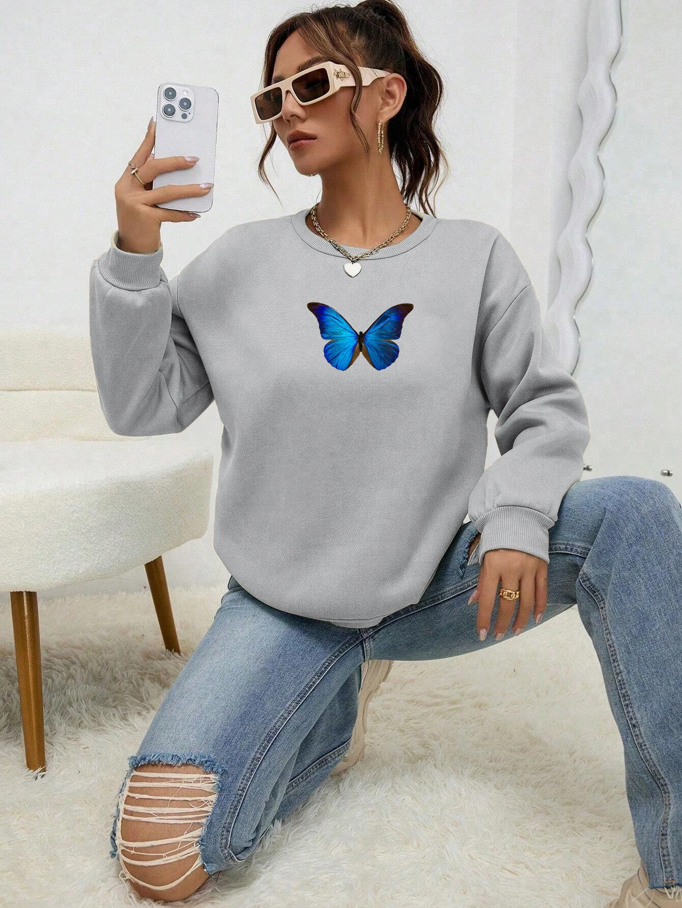 Blue Butterfly Printed Women Topsharajuku Loose Sweatshirt Fashion Fleece Warm Tracksuit Vintage Autumn Crewneck Clothes Female