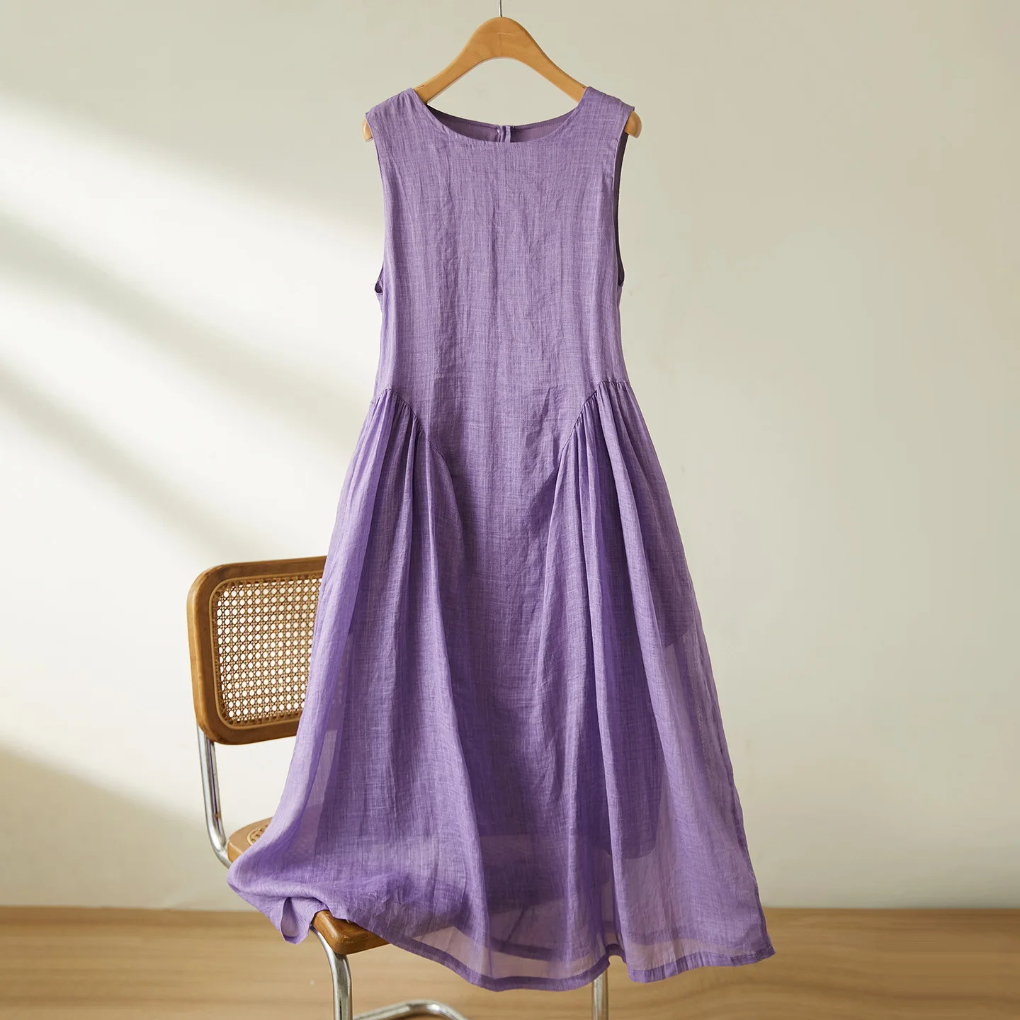 Ramie High-end Summer New Purple Sleeveless Dress Women's Back Collar Retro Button Half Cardigan Pocket