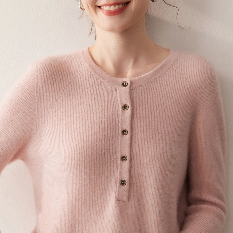 

Тонкий свитер, женский трикотаж из 100% кашемира, пуловер с круглым воротником на пуговицах, осень-зима, тонкий простой базовый свитер с длинными рукавами, топы