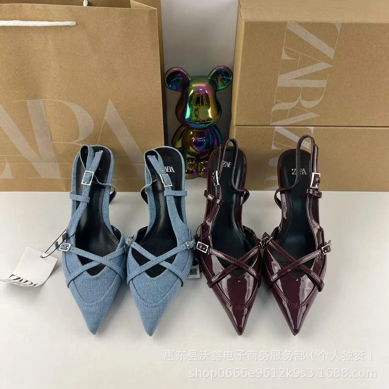 

Women's Spring New Denim Heeled Mules - Blue Cross Strap Backless British Style Sandals Pumps