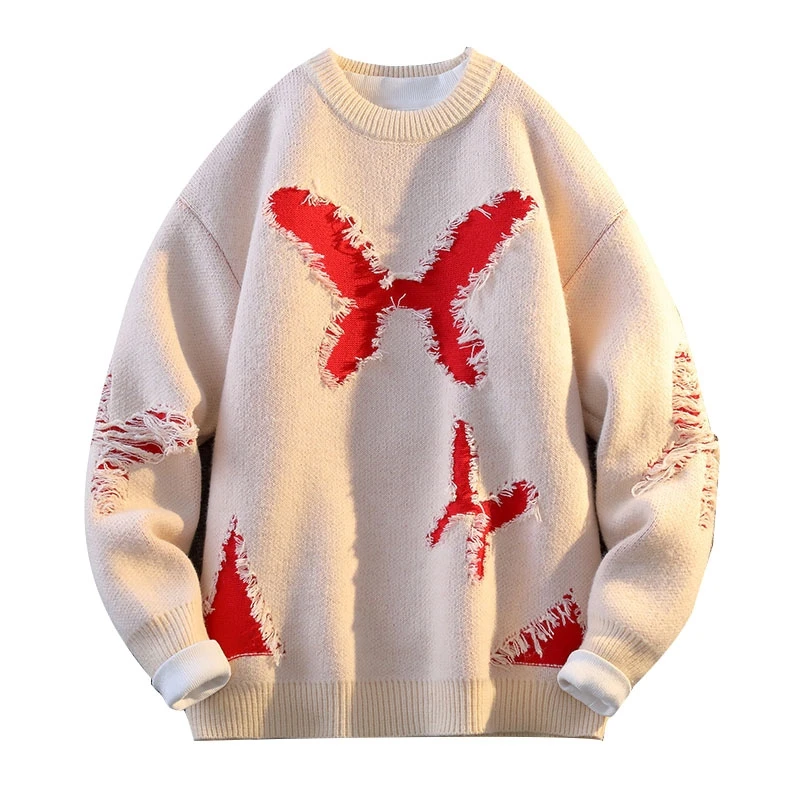 Ripped Sweater Hip-hop Street Men's Crew Neck Knit Vintage Harajuku Butterfly Fashionable Sweater Winter Long Sleeve Sweaters