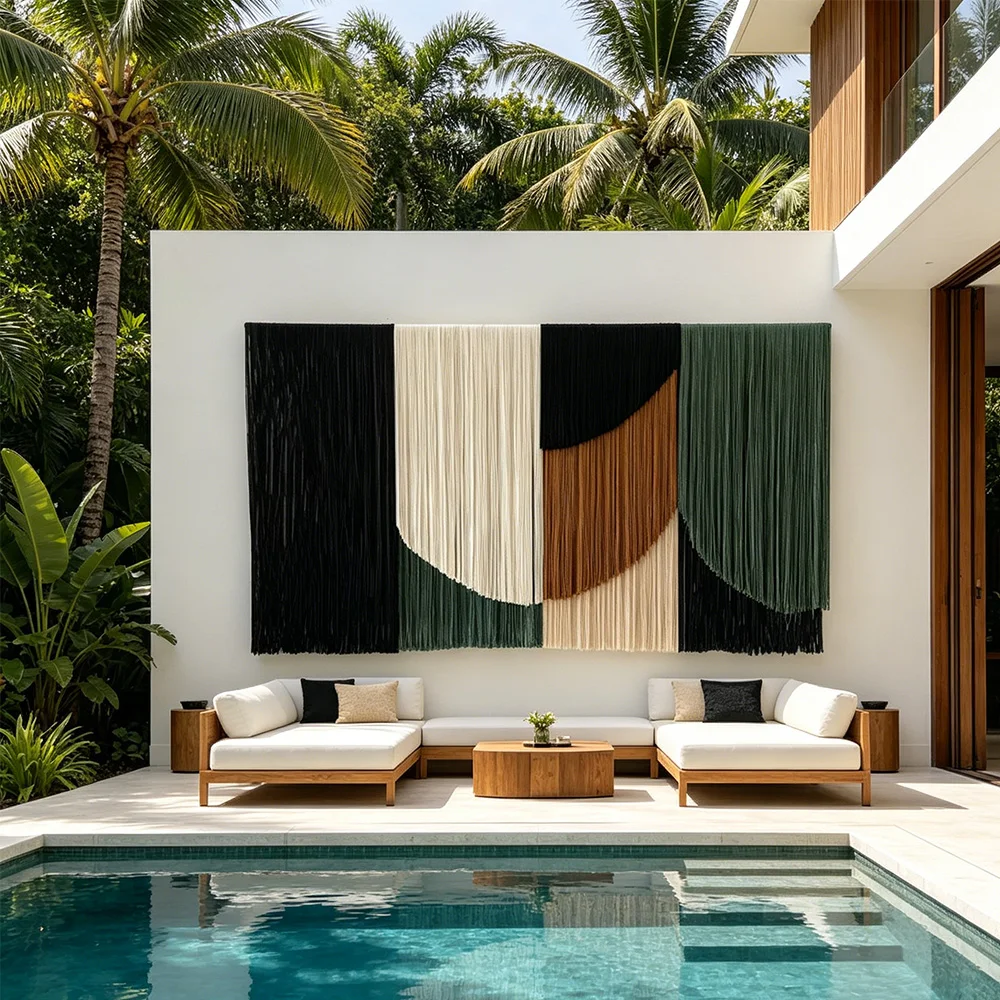 pp#Block Bespoke Textured Geometric Color Statement Piece Curved Fringe Macrame Wall Art for Luxury Interior Design%