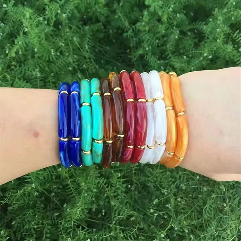 3pcs Marble Color Thin Bamboo Tube Stackable Bracelets for Women Men Boho Resin Curved Beads Hand Bangle Stretch Jewelry Gifts