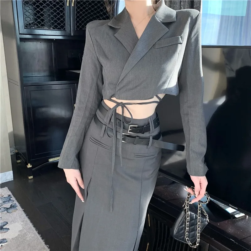 Fashionable Two-Piece Set for Women, Autumn Korean High-End Short Blazer with Tie and High-Waisted Mid-Length Skirt High Quality