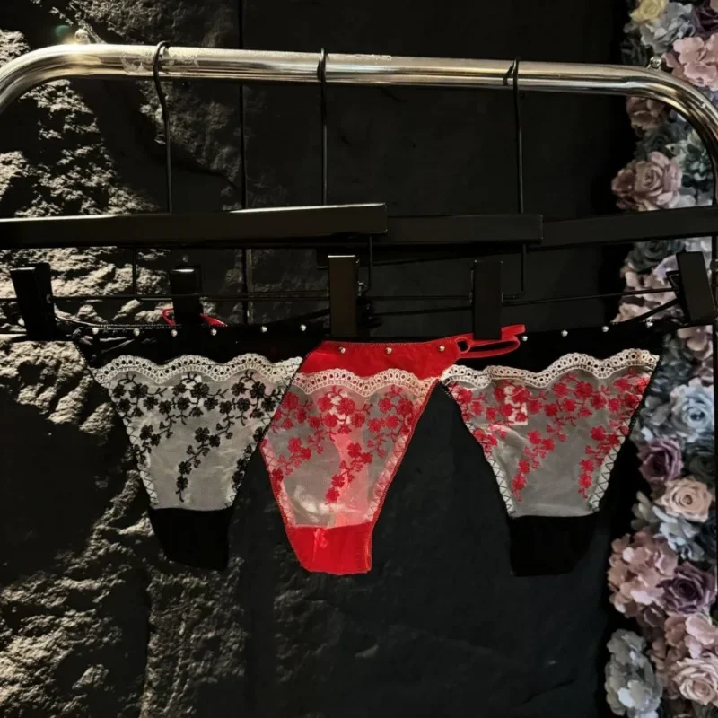 SP&CITY Punk Style Rivet Sexy Thongs Thin Flower Embroidery Transparent Sexy Women's Underwear Ice Silk Soft Temptation Briefs