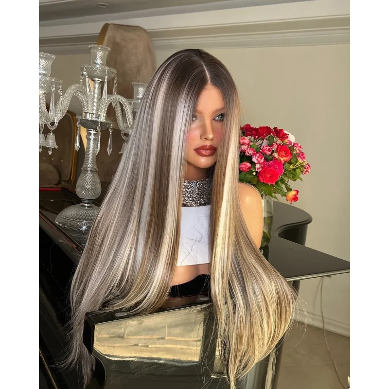 Silky Straight Blonde Mixed Brown With Dark Roots Pre Plucked 28Inch for Women Cosplay Wig Synthetic Futura Fibre Wigs