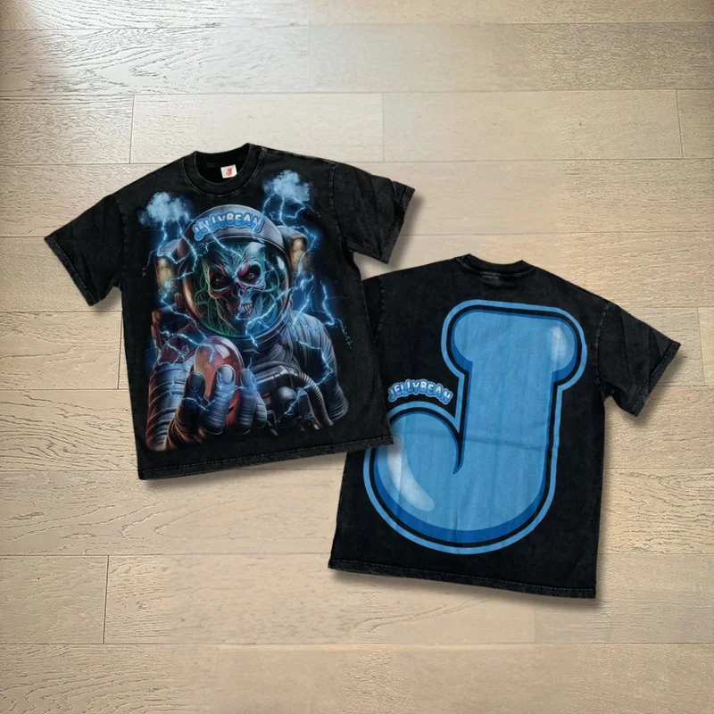 JELLYBEAN T-Shirt Fashion Hip Hop Skull Astronaut Pattern Direct Spray Breathable Diamond Short Sleeve Tee Men Women