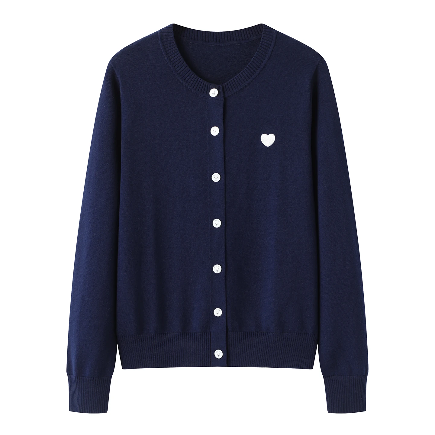 

Кардиган-свитер женский вязаный с круглым вырезом и вышивкой в виде сердца, темно-синий, приталенный, из серии Poetry, осень 2025, новинка