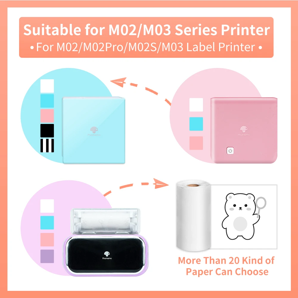 M02 Stickers Paper Self-adhesive Thermal Labels 3 Rolls/Box for M02/M02S/M02Pro/M03 Portable Label Printer Keep 20 Years Phomemo