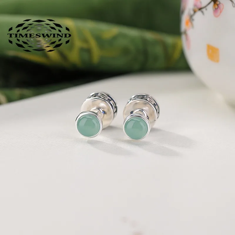 

TIMESWIND Natural Jade Blue Bead S925 Silver Zaki Lam Engraved Women Earrings with Certificate