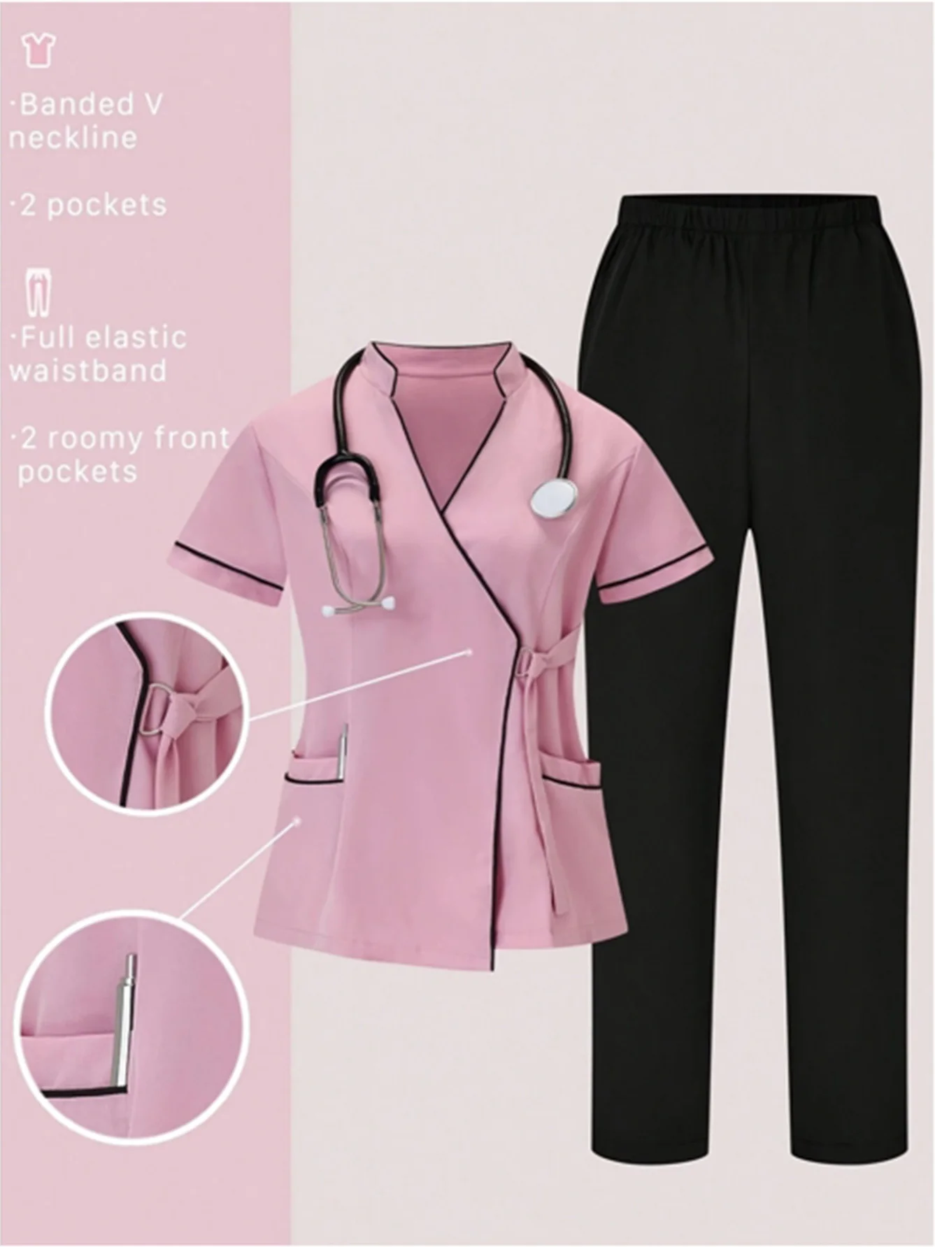 

(4-piece set) Women's sports set, matte stretch nurse uniform, workwear, breathable medical top, color-block casual pockets