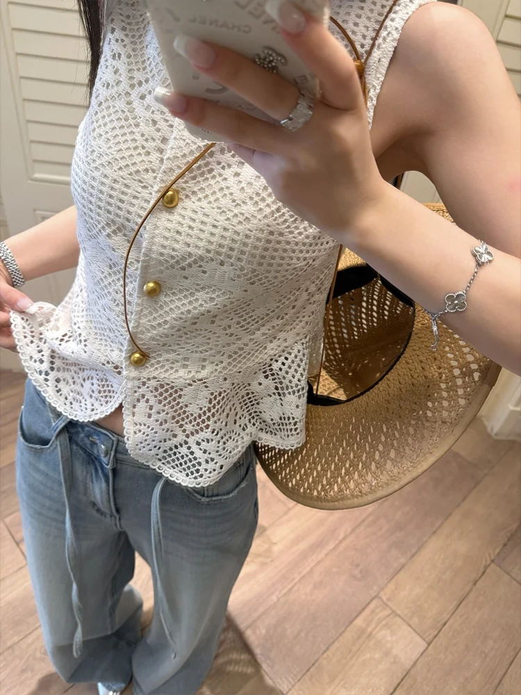 

Bla Bean H Humming Romantic Soliloquy Hollow out Lace Trim Svel Vest Women Summer Top Original Design Polyester Fiber