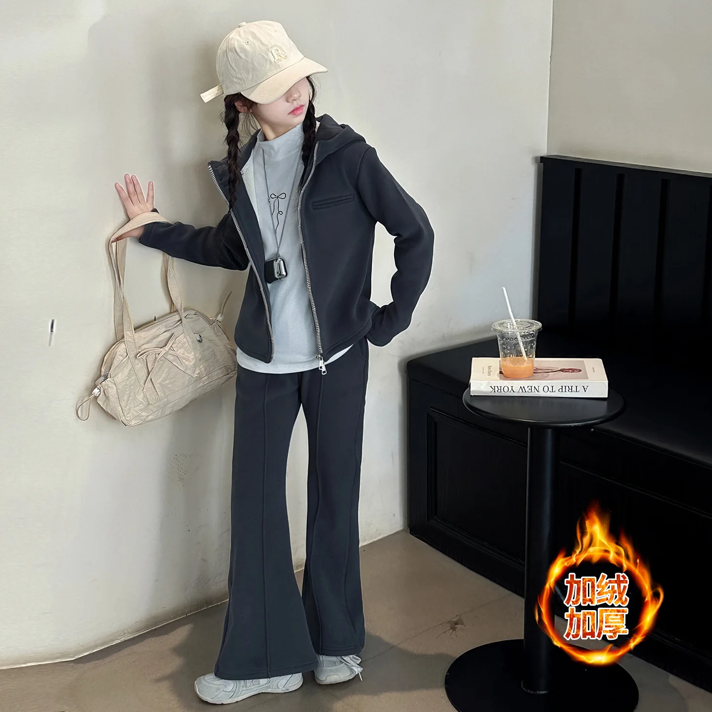 

Teen Girls Plush Sportswear Clothes Set Winter Hooded zipper jacket+bell-bottoms pants 2pcs junior kid casual suit child outfits