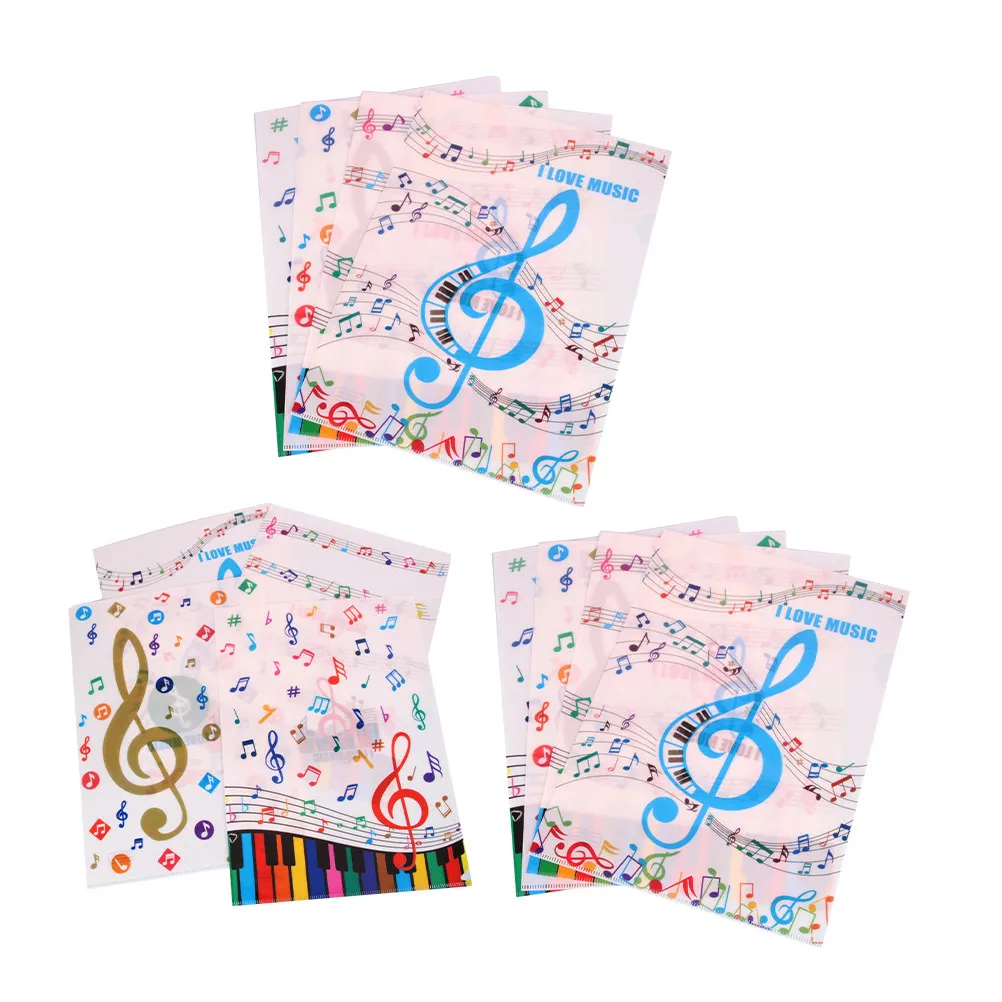

12Pcs L-Shaped File Folder PVC Music Note Pattern Double-Sided Document Organizer A4 Paper Holder Sheet Protector Reusable
