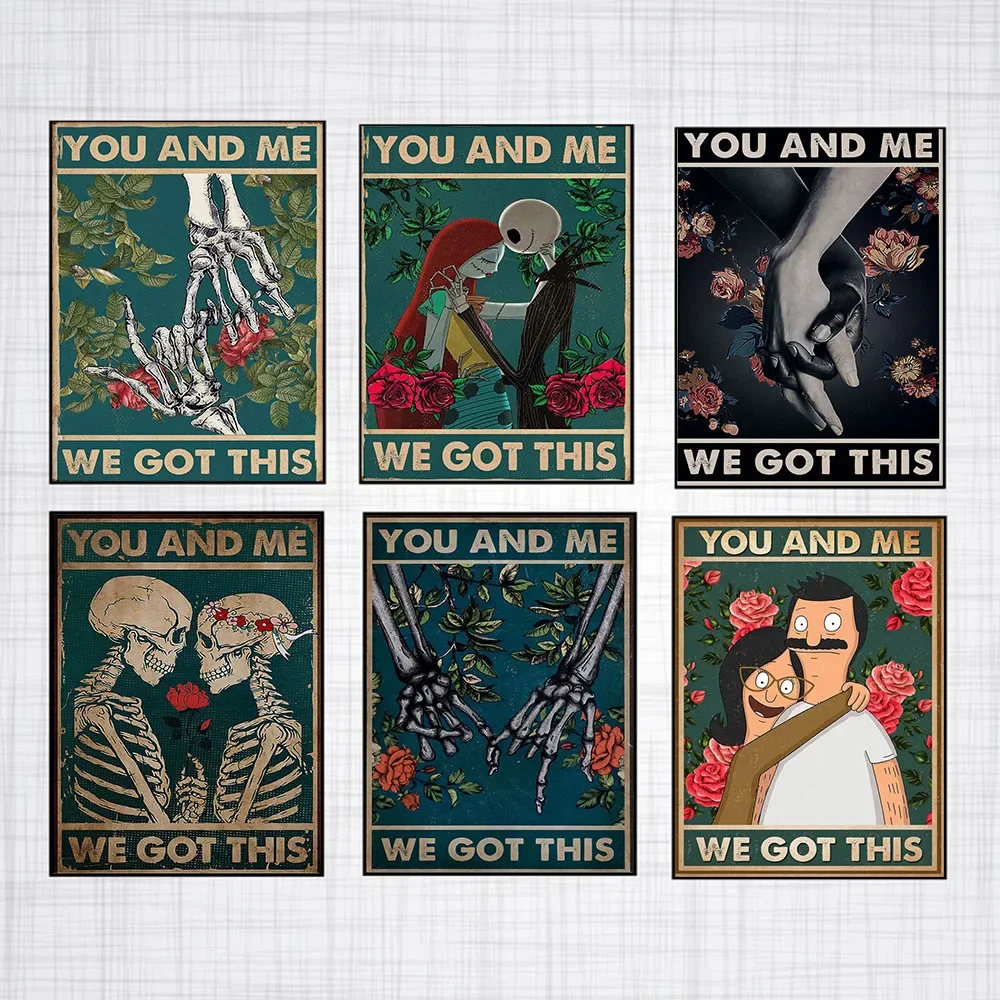 

Halloween retro art poster skull couple retro style canvas painting living room bedroom decoration painting