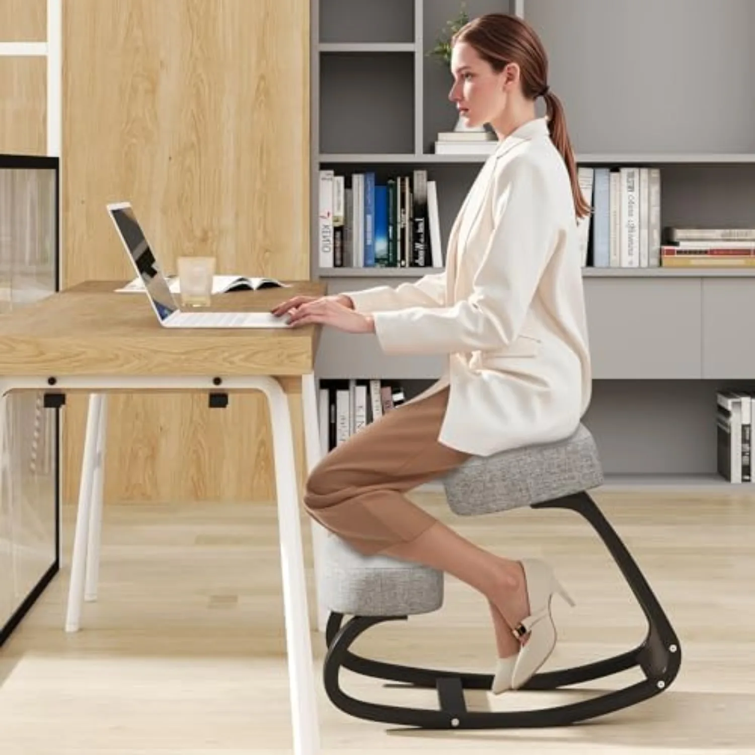 Ergonomic Kneeling Chair, Rocking Upright Posture Chair with Soft Seat & Knee Pads, Wooden Backless Knee Chair Relieves
