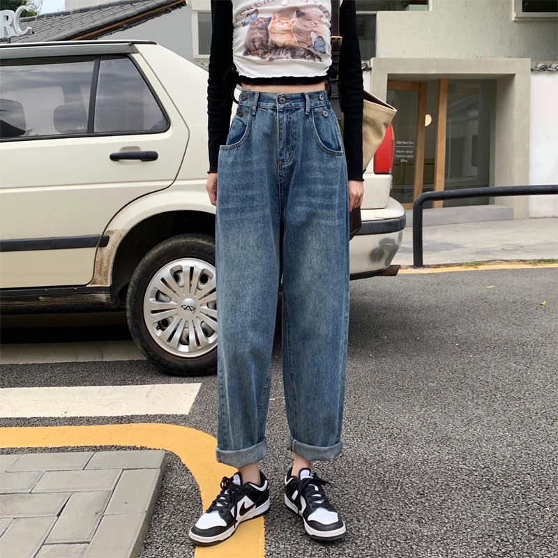 

Summer Loose Women's Jeans High Waist Pockets Straight Soft Denim Drape Cool Pants Fashion Female Pants Long Female R73