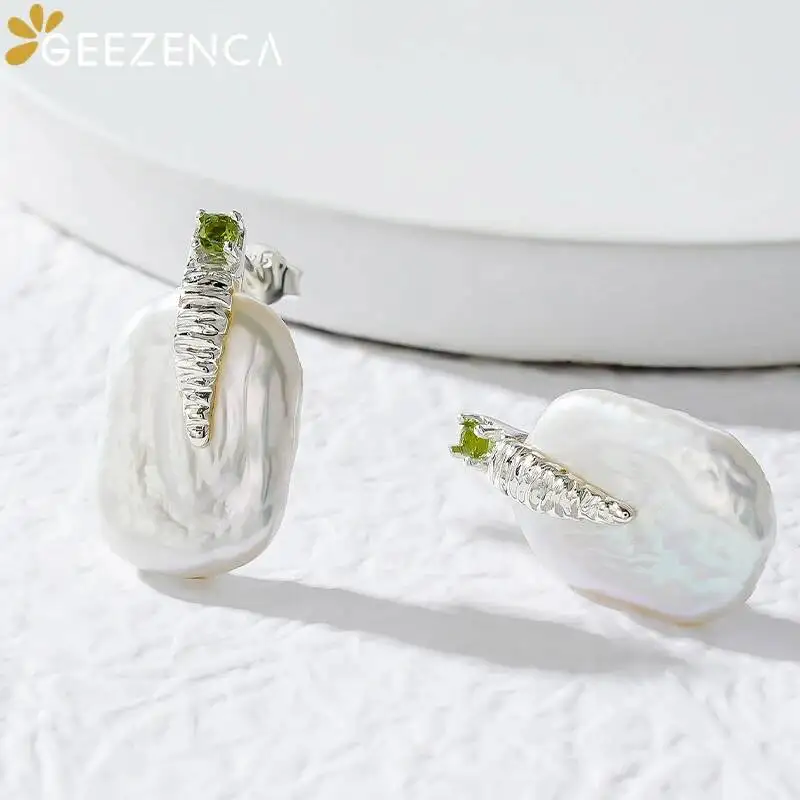 GEEZENCA Natural Baroque Pearl Tourmaline 925 Sterling  Silver Earrings For Women French Chic Luxury Small Earring 2023 New Gift