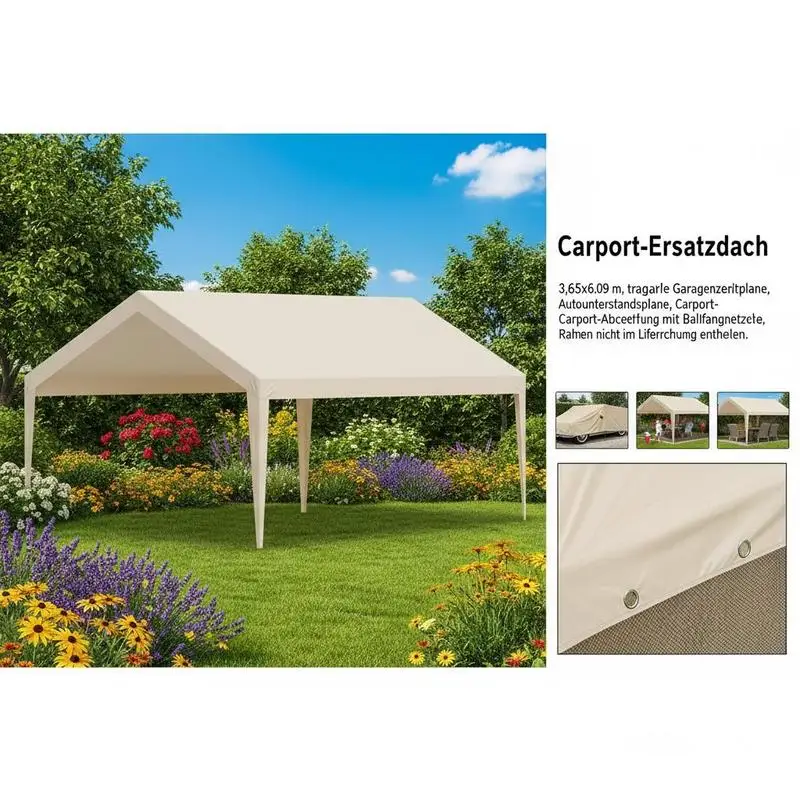 Carport replacement roof, 3.65 x 6.09 m, portable garage tent tarpaulin, UV-resistant car shelter tarpaulin, carport cover with ball catching nets, beige, frame not included - view 4