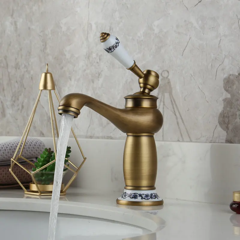 OUBONI Antique Brass Bathroom Basin Faucet Retro Style Vanity Sink Mixer Tap Deck Mounted Hot & Cold Water Mixer Tap Faucet