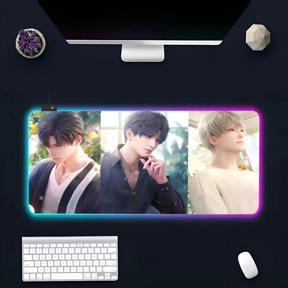 Anime L-Love and D-Deepspace MINISO Mouse Pad RGB Gaming Mousepad XXL Keyboard Pads Luminous Desk Mat Backlit Mousepads
