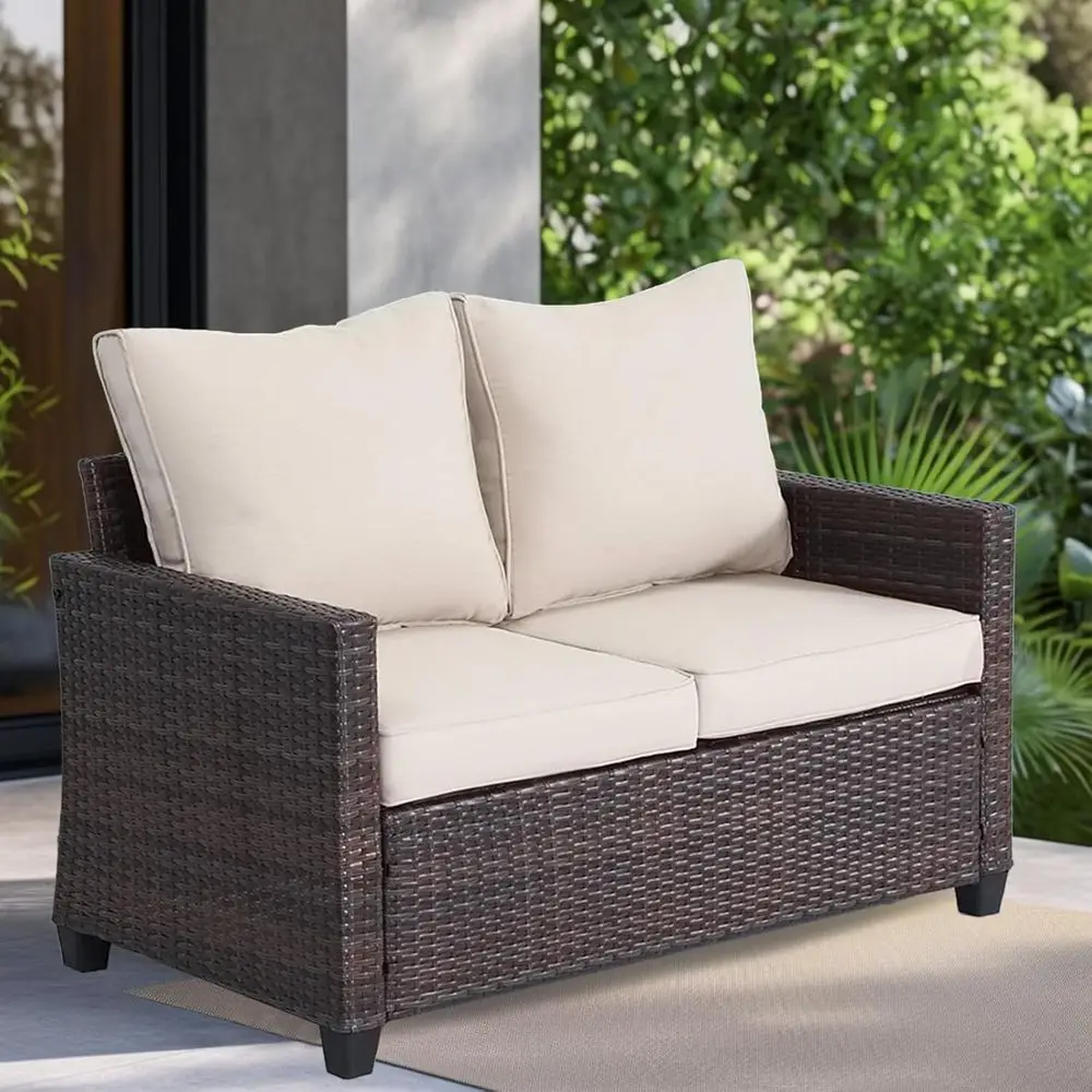

Weather-Resistant 2-Person Wicker Loveseat with Cushions for Outdoor Spaces - Beige