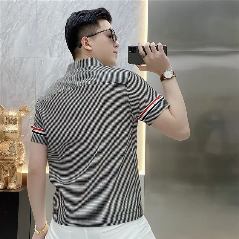 Fashion Casual Korean Loose Zipper Shirts Striped Patchwork Turn-down Collar Temperament Handsome Short Sleeve Men\'s Clothing