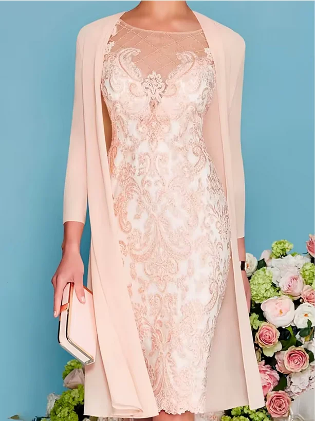 

Mother of the Bride Dress Formal Wedding Jewel Neck Knee Length Chiffon Lace 3/4 Length Sleeve with Beading Appliques 2026