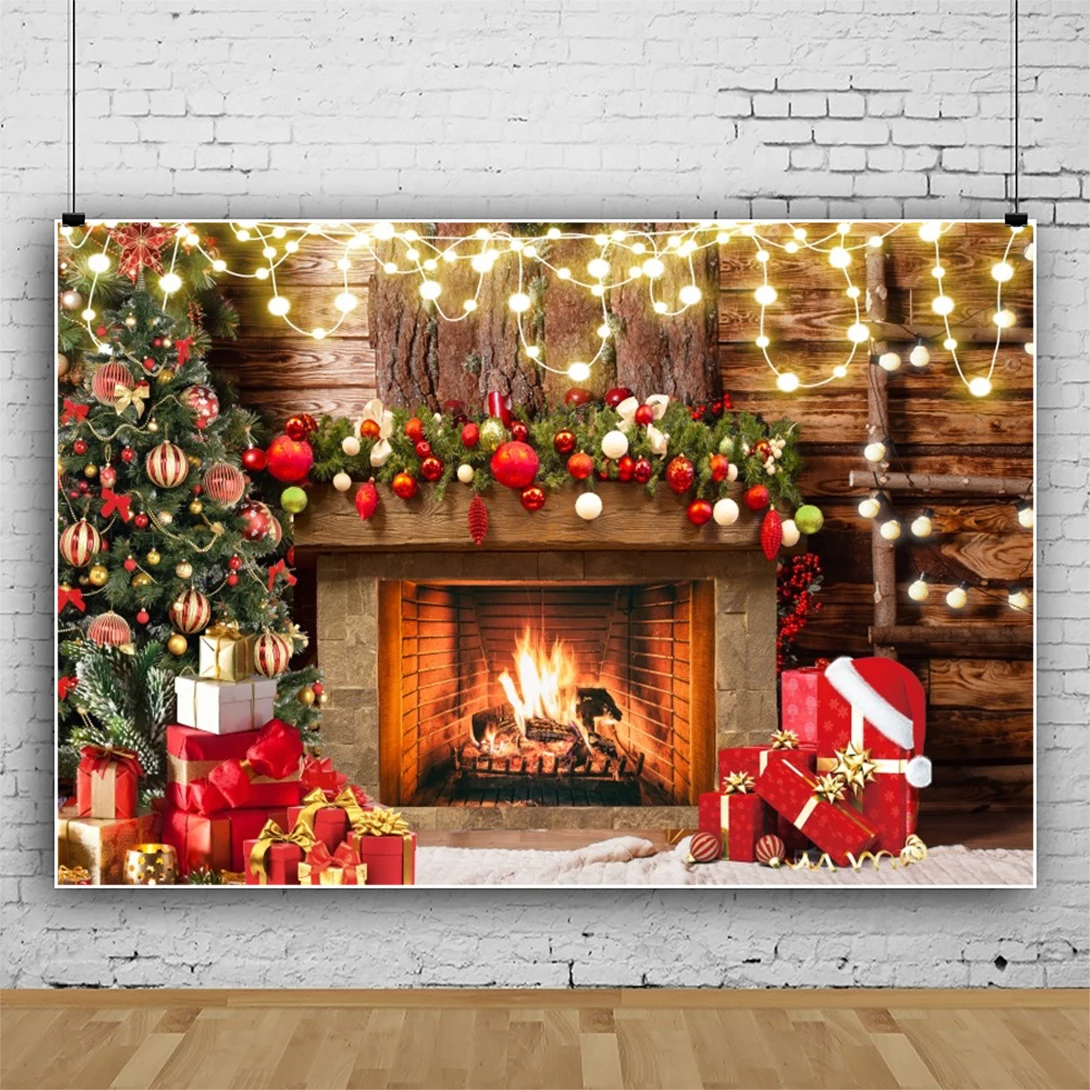 Christmas Fireplace Theme Backdrop for Photography Tree Sock Gift Decorations for Xmas Party Banner Decor Photo Background