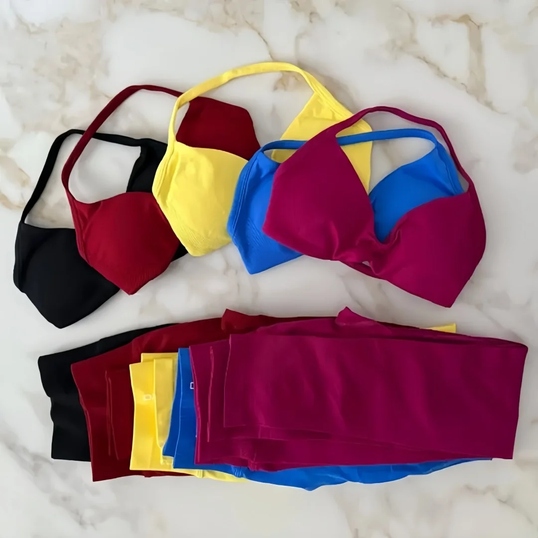 

Gym Set Women Two Piece Strappy Yoga Bra Top Workout Scrunch Leggings Suit Fitness Clothes Seamless Sportswear Set 2Pcs