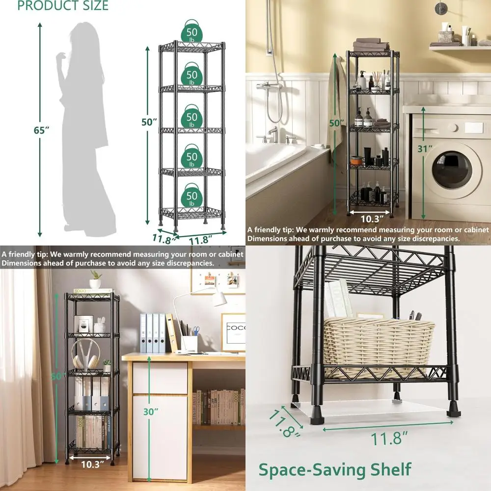 Regulowany regał metalowy z 5 półkami, czarny, do kuchni, pralni i łazienki, 11,8x11,8x50