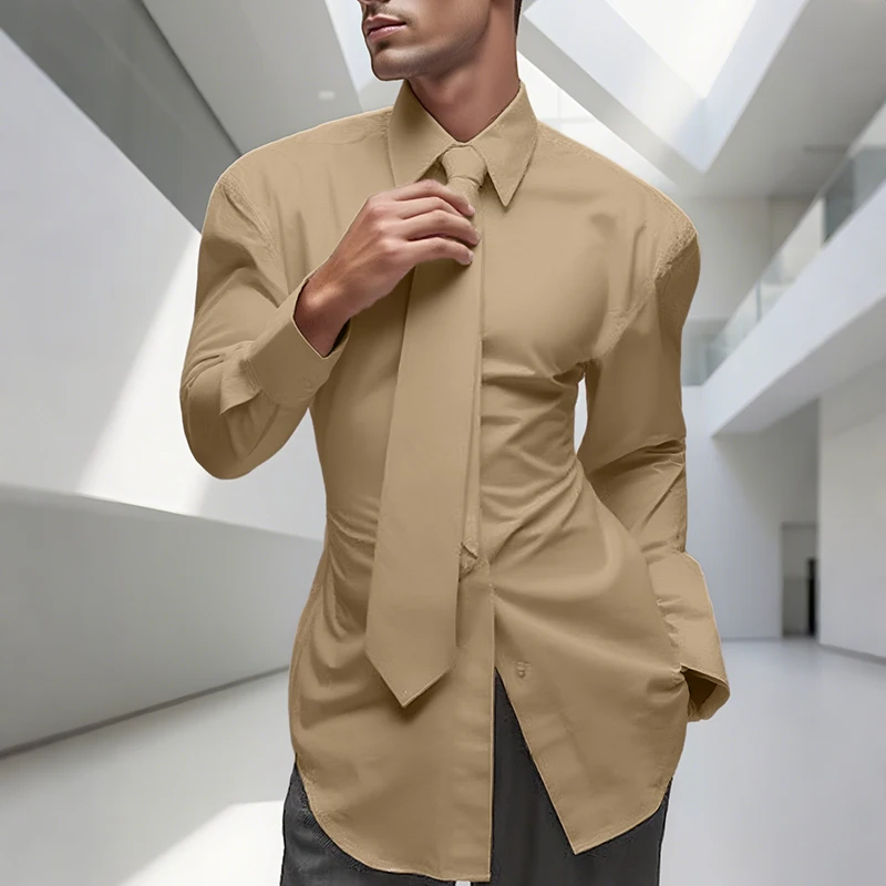 

INCERUN Men Shirt Lapel Long Sleeve Solid Color Casual Men Clothing With Tie Streetwear Fashion Leisure Male Tops Camisas S-5XL