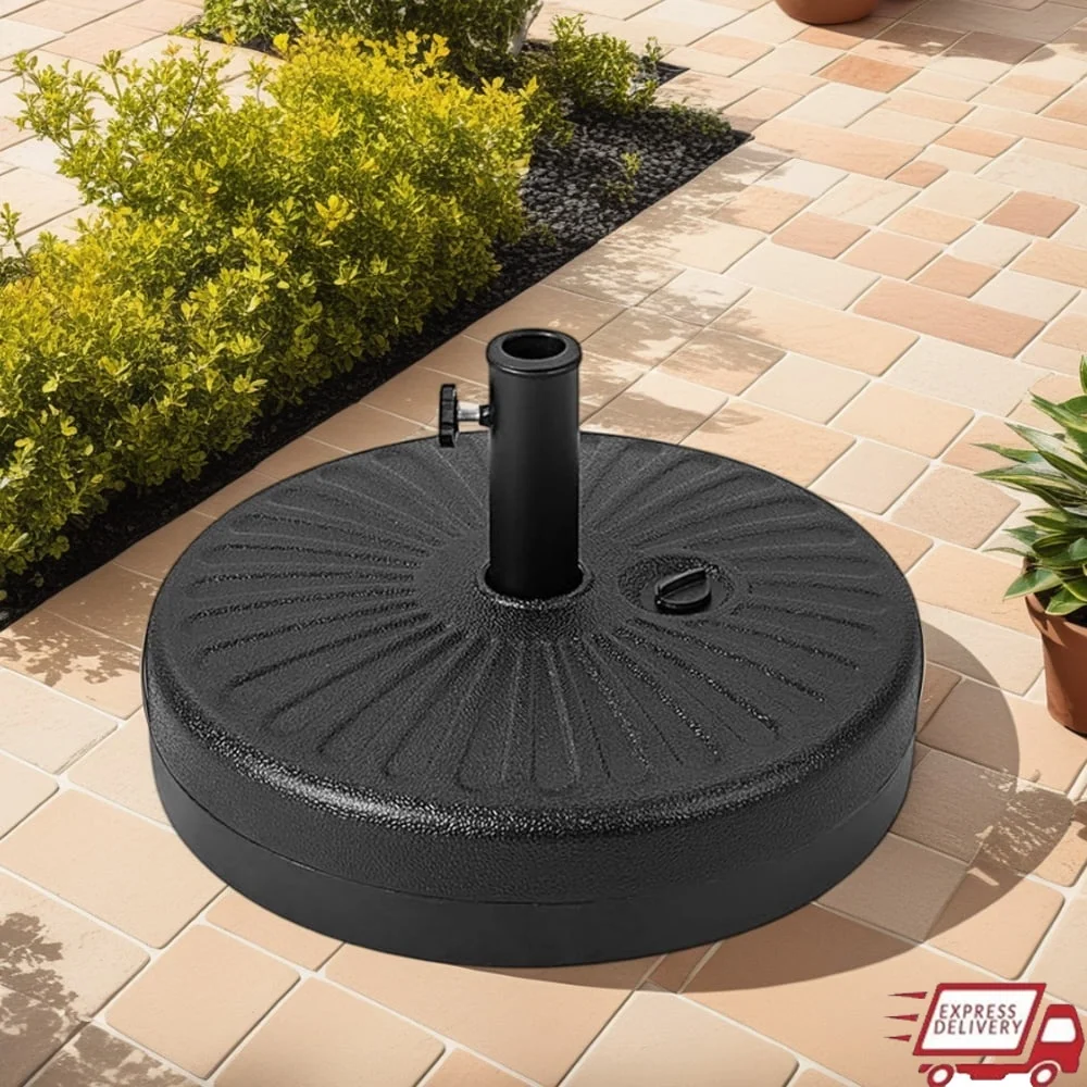 Heavy Duty Patio Umbrella Base 46 lbs HDPE Circular Fillable Stand Weather Resistant Portable Universal Fit Garden Poolside