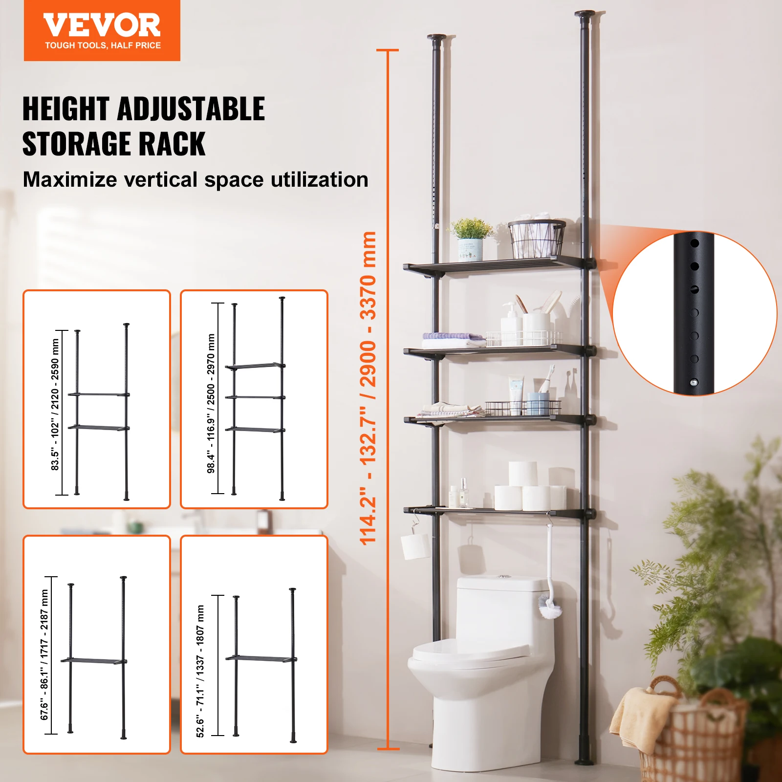 VEVOR Over the Toilet Storage  4-Tier Adjustable Low-carbon Steel 53