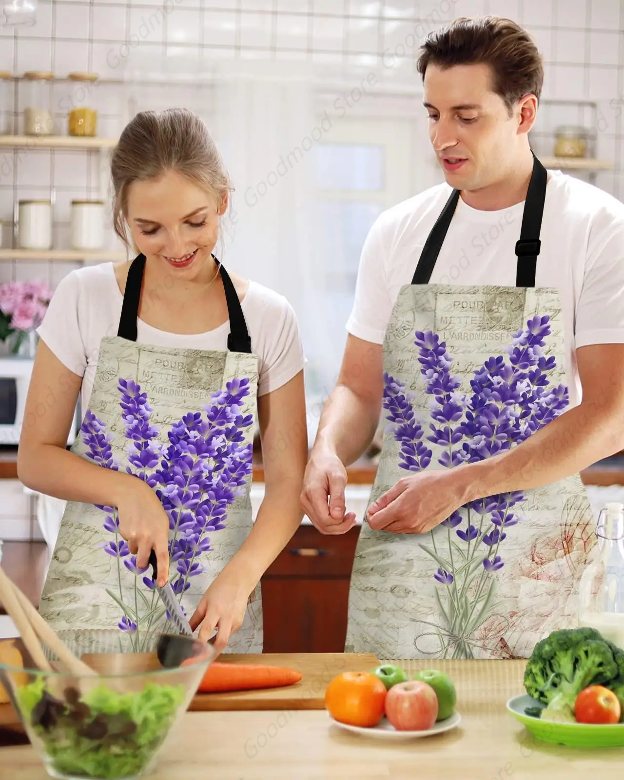 Close-up Lavender Bib Aprons with Pockets Waterproof, Adjustable Apron for Men Women Retro Purple Floral Pattern