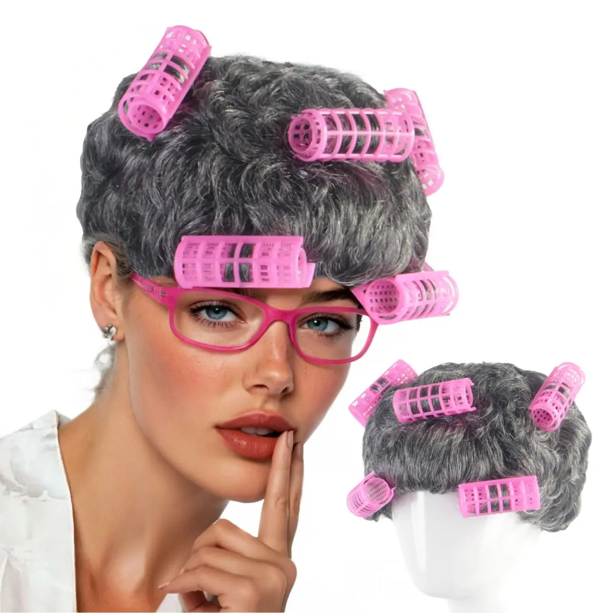 

Anxin New Product Lady Silver Grey Curly Grandmother Hair Elderly Costume Granny Wig With Hair Rollers Cosplay Lady Wig