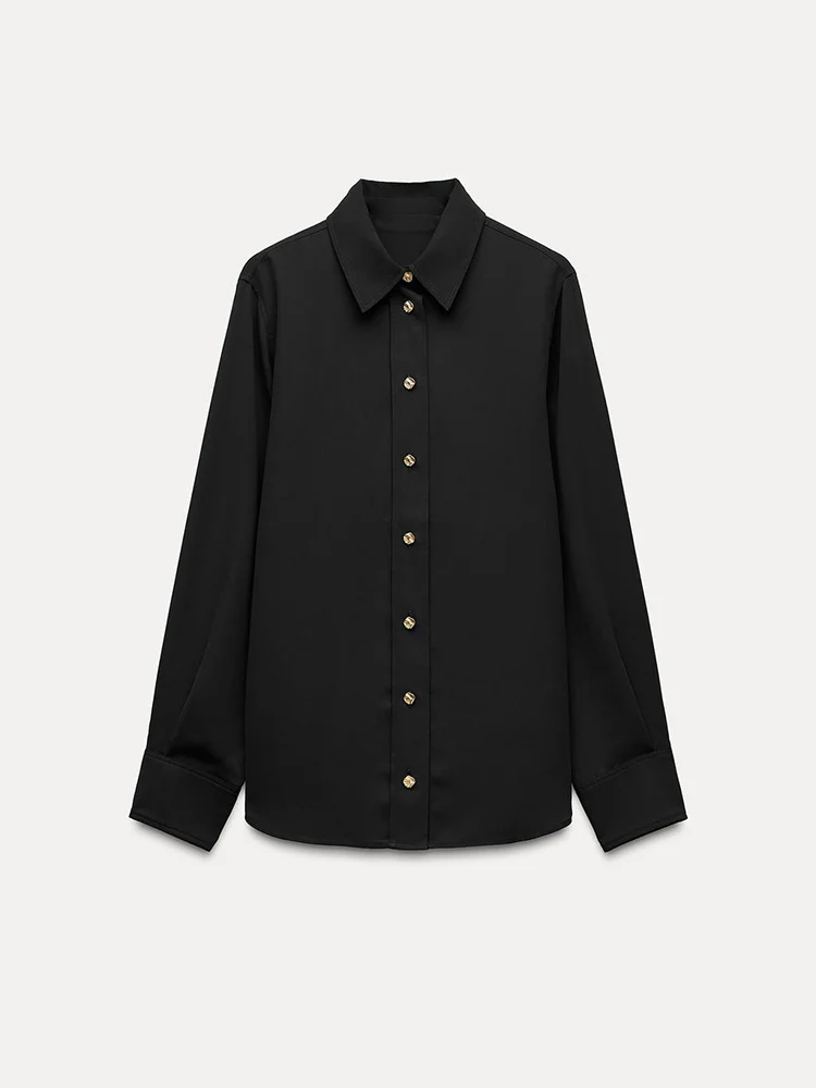 Automne nouveauté femmes décontracté irt bouton doré Long Sve col rabattu drapé trajet Sle Premium dames Blouse