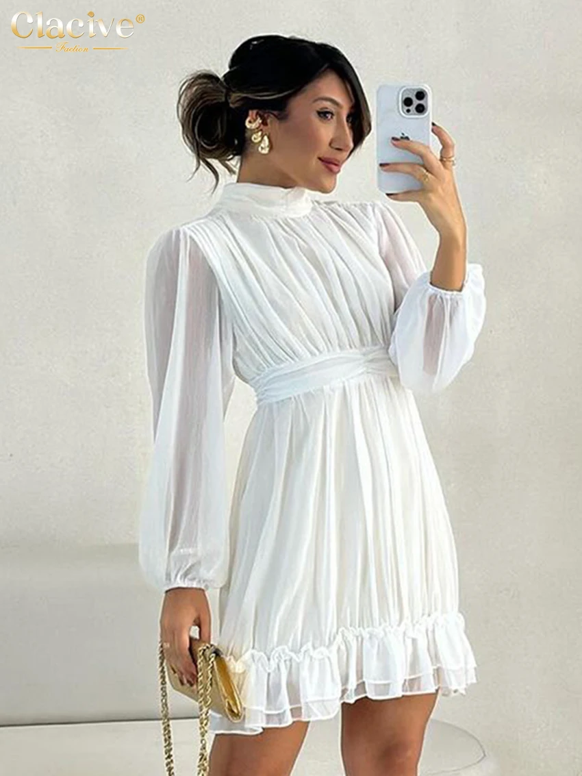 

Clacive Fashion Loose White Dress Lady Casual Stand Collar Long Sleeve Mini Dress Elegant High Waist Pleated Dresses For Women
