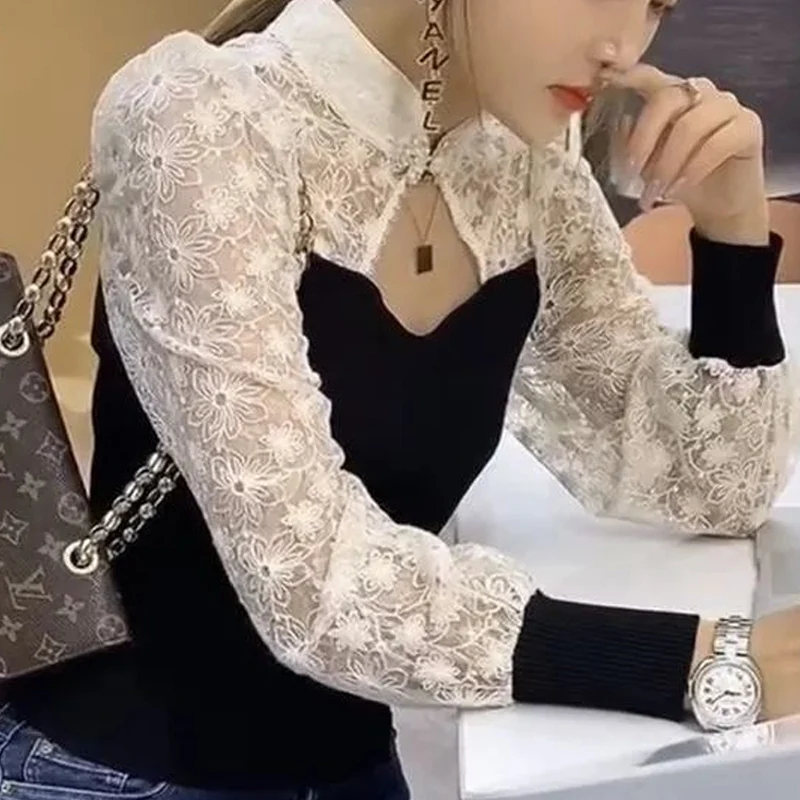 Spring Autumn New Stand Collar Fashion Long Sleeve Blouse Women High Street Contrast Color Pullovers Lace Hollow Out Y2K Tops