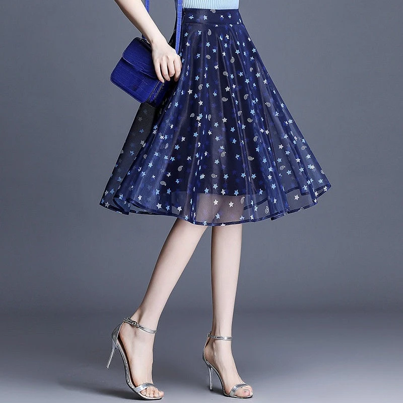 Skirts for Women Blue Floral Mesh Woman Skirt Tulle Cheap High Quality Y2k Vintage Casual Modest Streetwear Chic and Elegant V