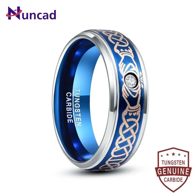 

8mm Electroplated Blue Laser Knot Set Blue Zircon Tungsten Steel Ring For Men Wedding Band Carbon Fiber Men Rings Gift