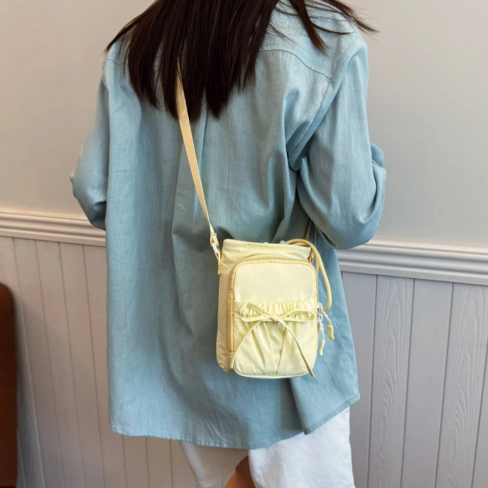 Nylon Shoulder Bag Versatile Drawstring Crossbody Bag Outdoor Bow Phone Bag Nylon Adjustable Kettle Handbag For Outdoor Daily