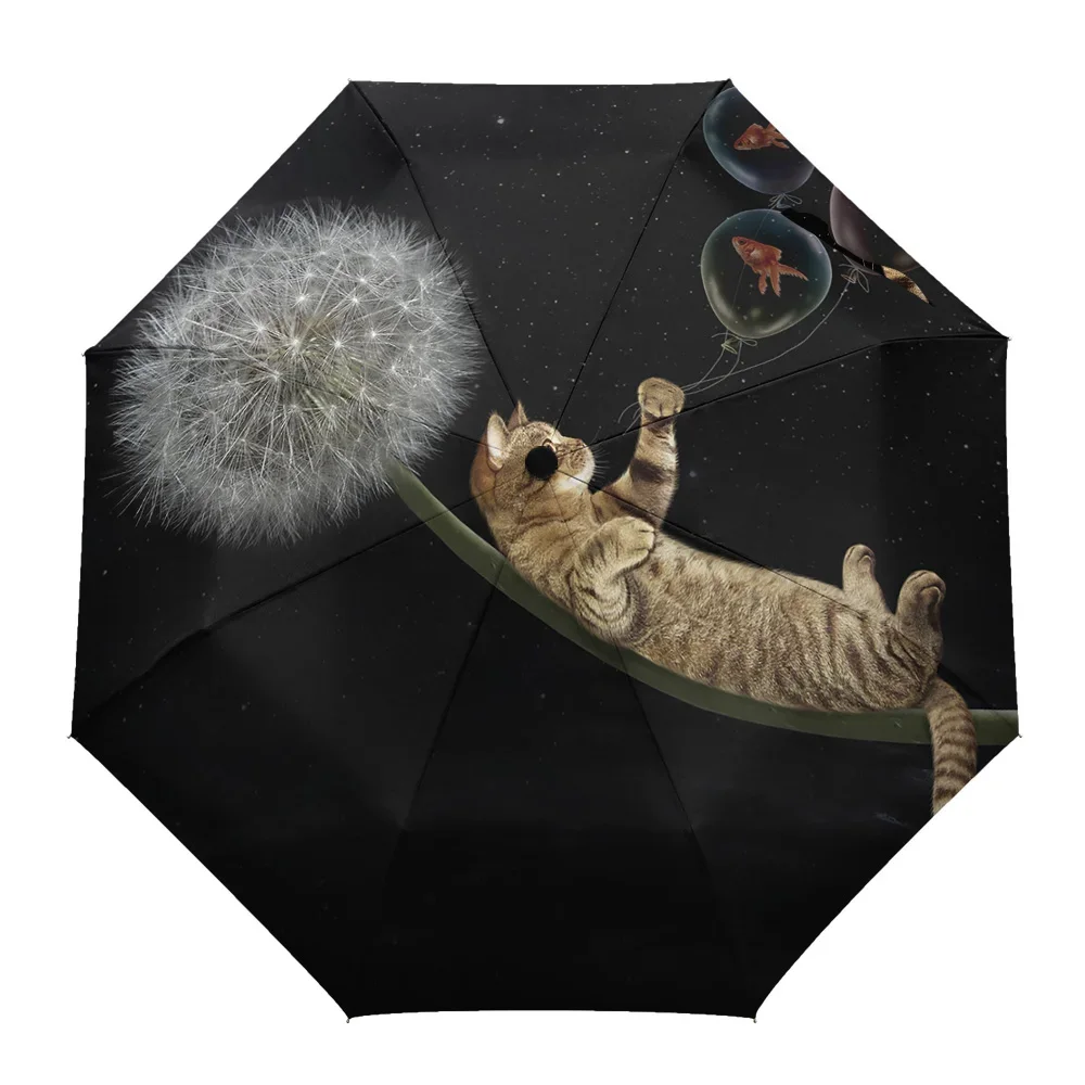 Dandelion Goldfish Cat Moon Black Creative Umbrella Rain Women Automatic Three Folding Umbrellas Windproof Parasol Parapluie