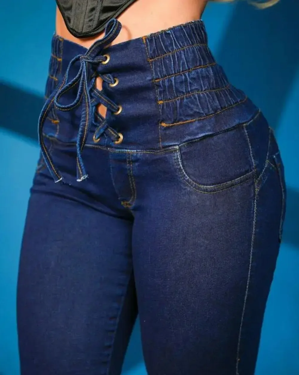 

High Waist Skinny Jeans for Women, Casual Denim Trousers, Grommet Eyelet, Lace-Up Pocket Design, Plain Fashion