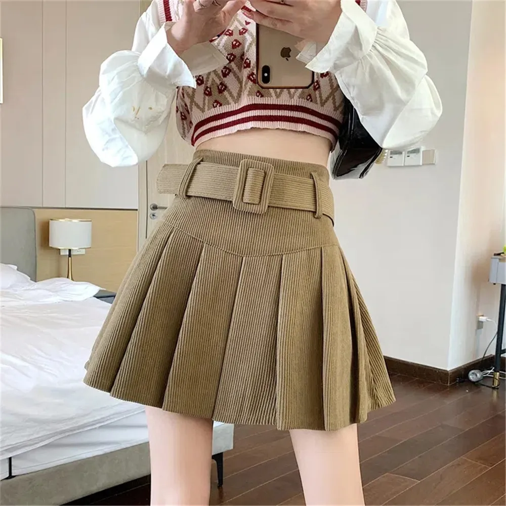 

Corduroy Pleated Skirt Women Solid Belt High Waist Autumn Winter Student Faldas Mujer Korean Fashion Sweet Mini Skirt Streetwear