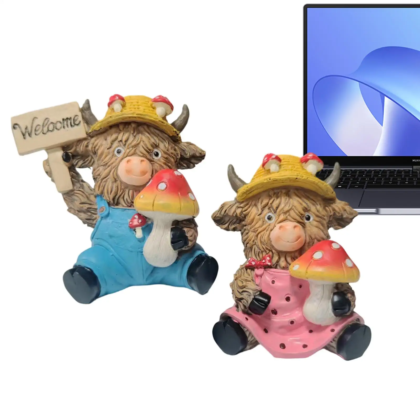 Graduation Highland Cow Resin Ornament 2 Pieces Resin Cute Mushroom Cow Farmhouse Decorations Cow Garden Desktop Decor