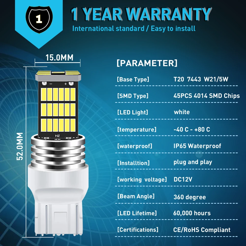 A pack T20 7443 LED Canbus W21/5W LED Bulb 6500K White Automotive DRL Parking Backup Reverse Daytime Running Lights 7440 W21W