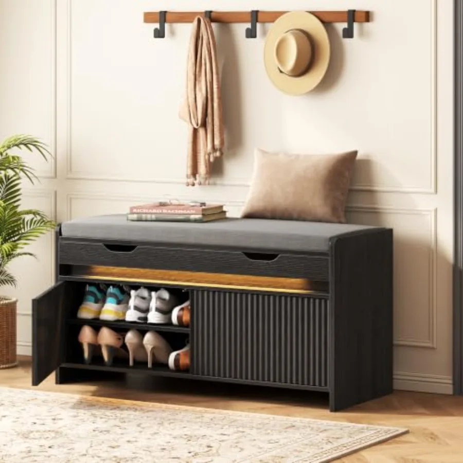 Shoe Storage Bench for Entryway and Bedroom, Wood with Fluted Doors Built-in LED Sensor Light, Gray Fabric Cushion, Modern Styl