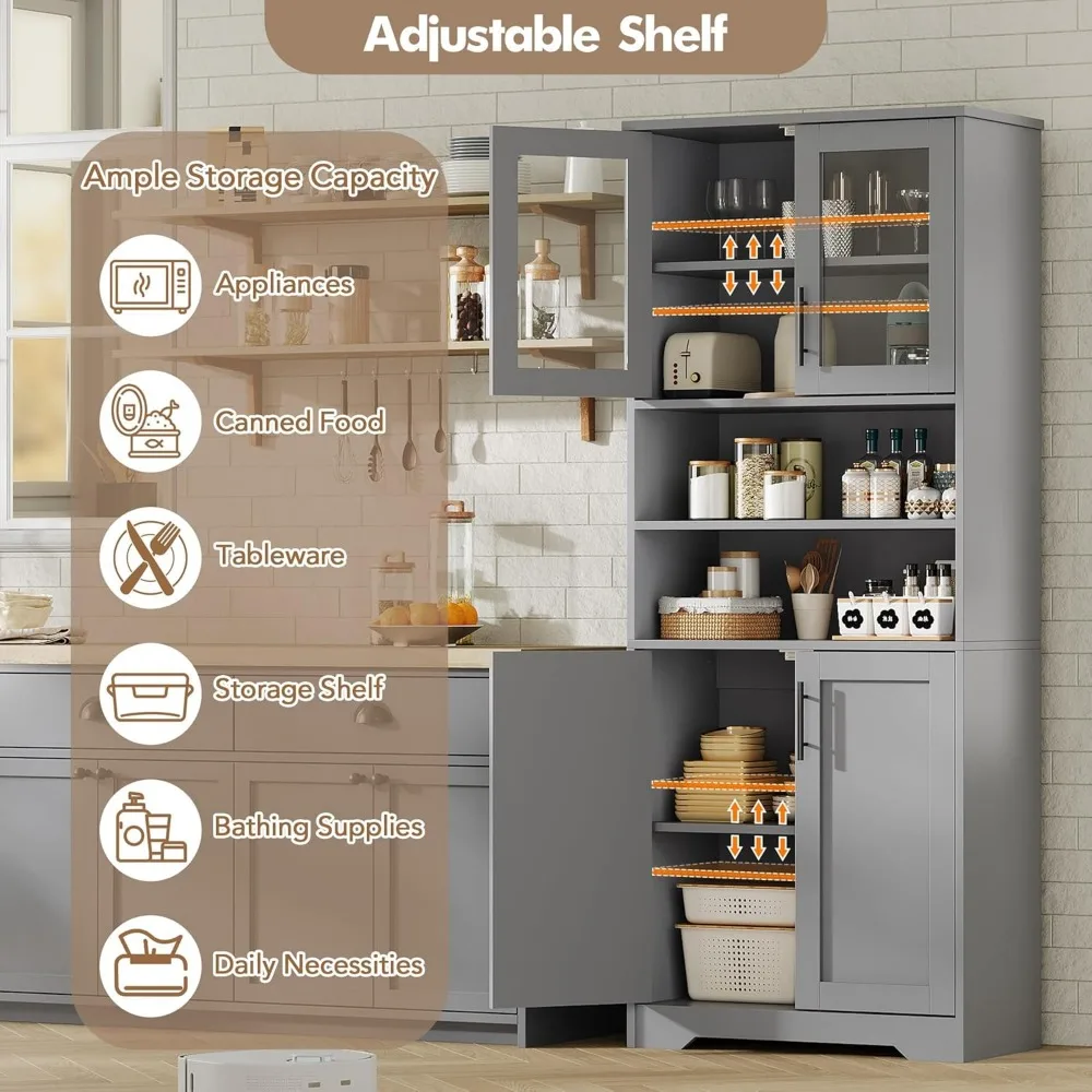 خزانة حمام طويلة قائمة بذاتها مع أبواب زجاجية وأرفف قابلة للتعديل، نموذج خزانة تخزين 67 #5