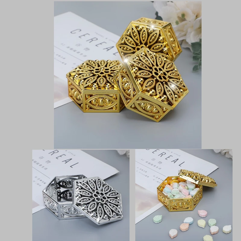 12Pcs Wedding Favor Candy Boxes Empty Gift Candy Box Gift Box For Festival Hexagonal Gold Silver Gift Packaging Box Storage Box